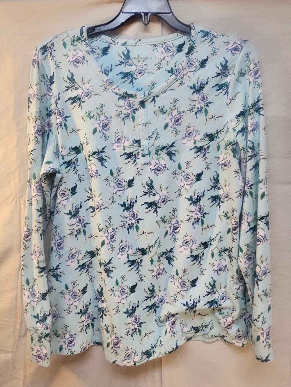 Charter Club Floral Light Blue Long Sleeve Henley Top